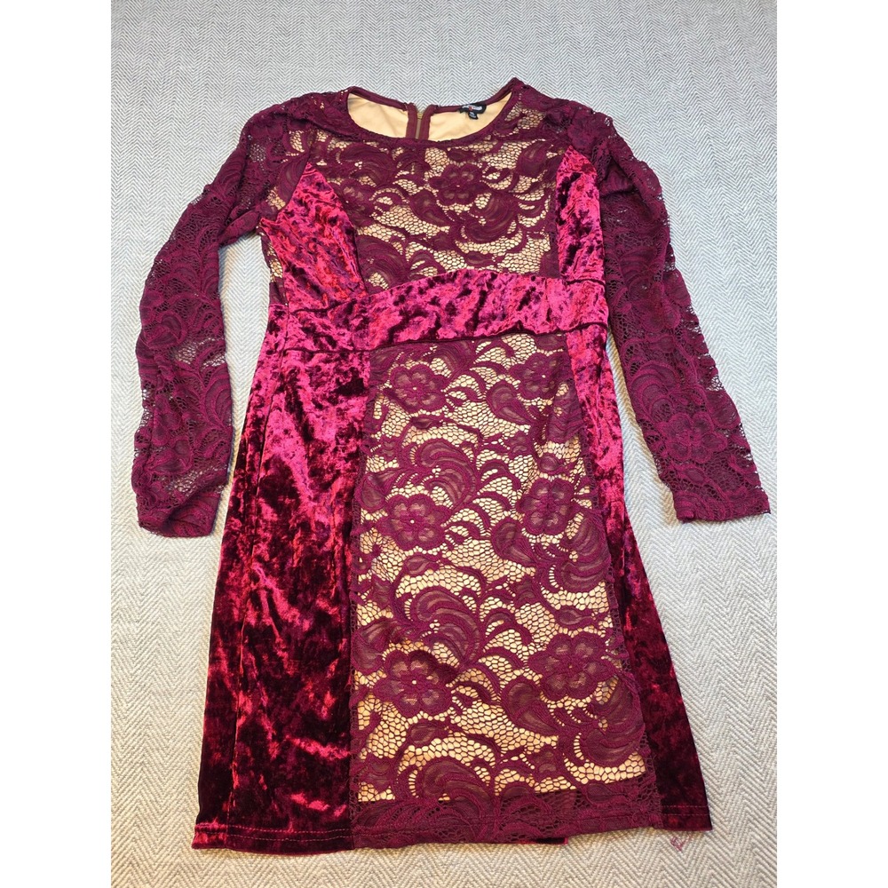 Fashion Magazine Womens 1XL Burgundy Velvet Lace Illusion Long Sleeve Mini Dress